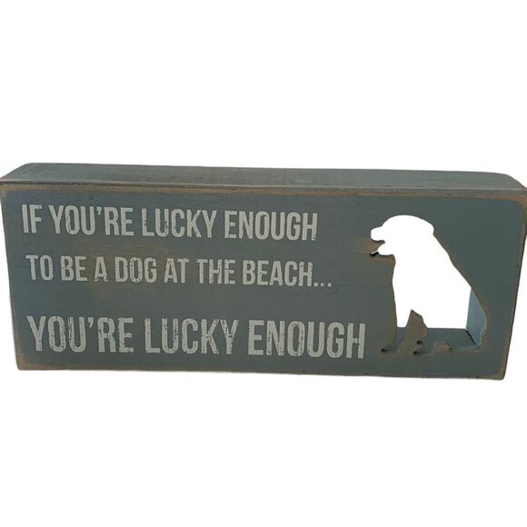 LUCKY Enough Dog Beach Sign From Primitives by Kathy in Light Blue - Picture 1 of 5